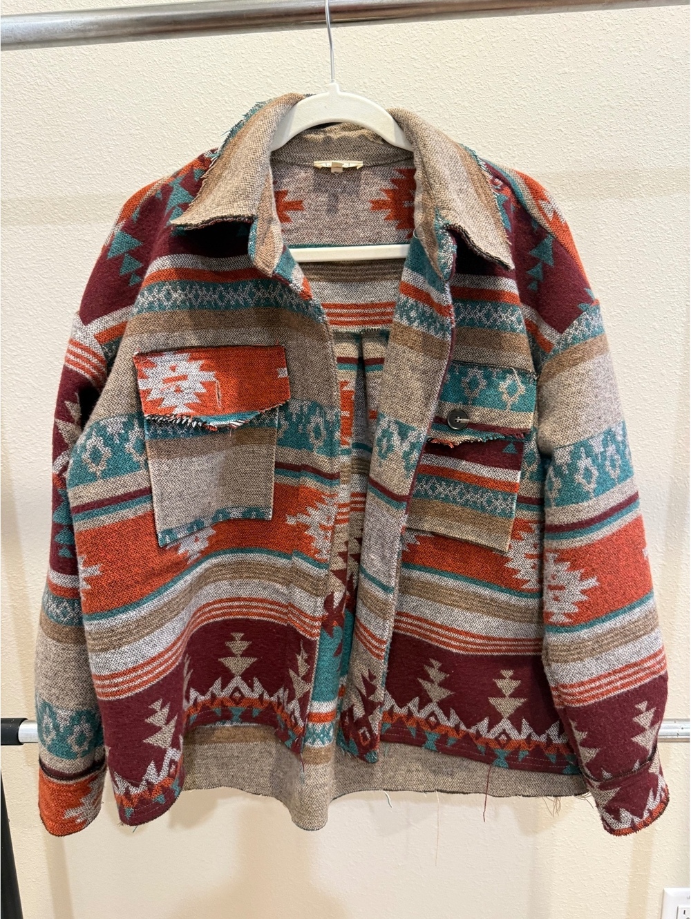 La Miel Women's Small Button-Up Jacket with Southwestern Pattern in Earth Tones